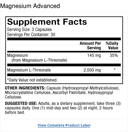 Magnesium Advanced supplement facts label