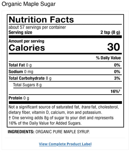 Solspring® Maple Sugar, Organic supplement facts label