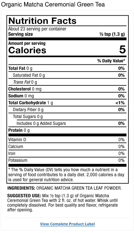 Solspring® Matcha Ceremonial Green Tea, Organic supplement facts label