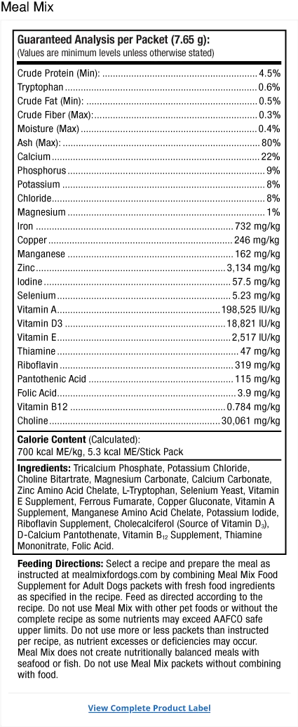 Bark & Whiskers® Meal Mix for Adult Dogs supplement facts label