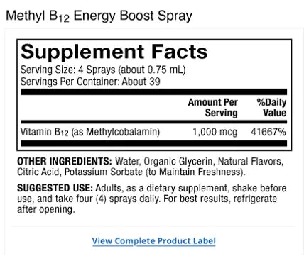 Methyl B12 Energy Boost supplement facts label