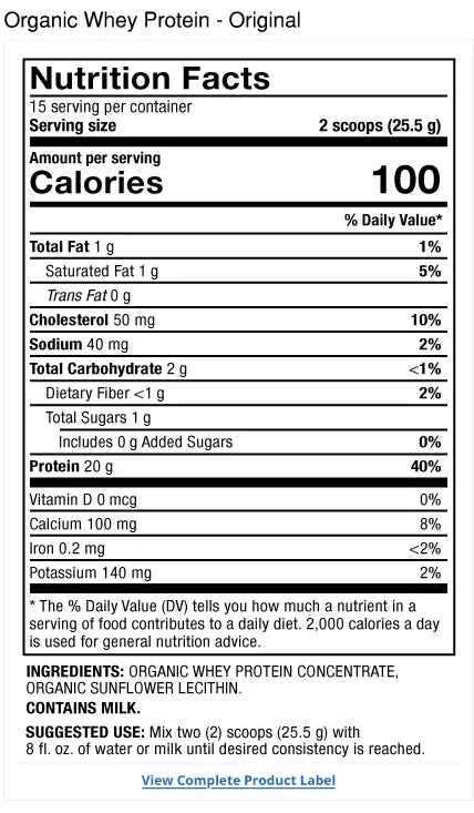 Pure Power Organic Whey Protein - Original supplement facts label