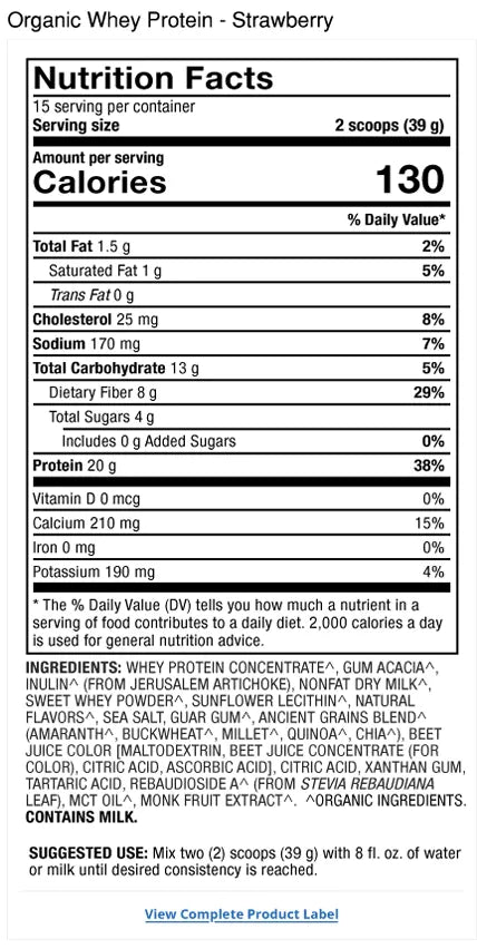 Pure Power Organic Whey Protein - Strawberry supplement facts label