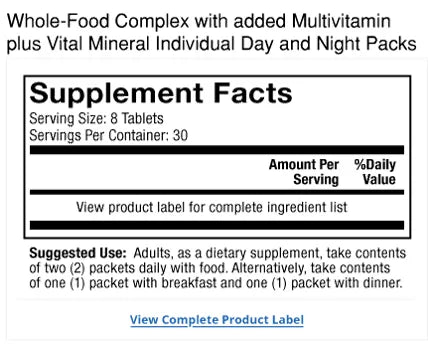 Whole-Food Complex with added Multivitamin plus Vital Minerals Daily Packs supplement facts label