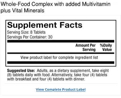 Whole-Food Multivitamin Plus Vital Minerals supplement facts label