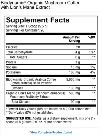 Biodynamic Organic Mushroom Instant Coffee supplement facts label