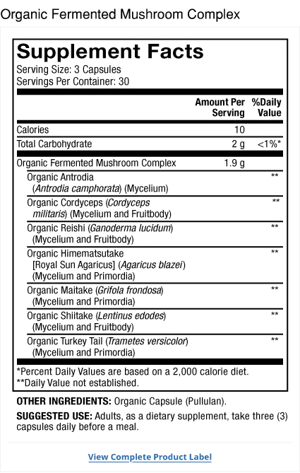 Fermented Mushroom Complex supplement facts label