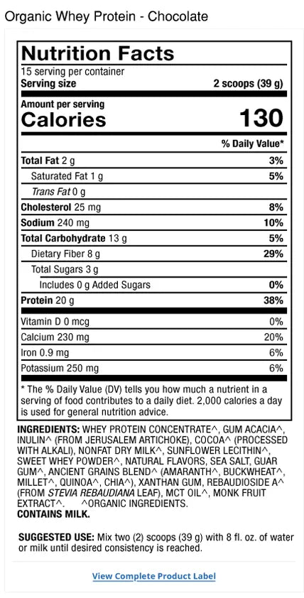 Pure Power Organic Whey Protein - Chocolate supplement facts label