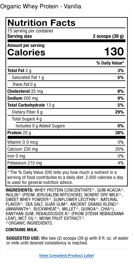 Pure Power Organic Whey Protein - Vanilla supplement facts label