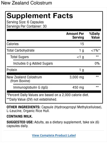 New Zealand Colostrum supplement facts label