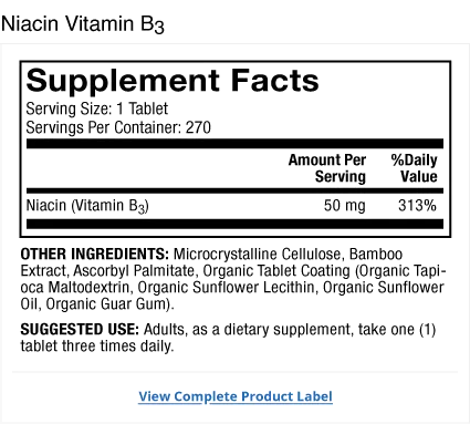 Niacin Vitamin B3 supplement facts label