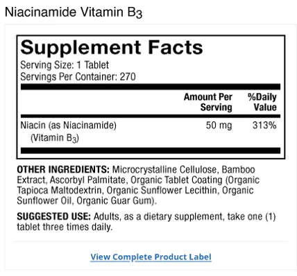 Niacinamide Vitamin B3 supplement facts label