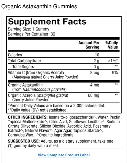 Organic Astaxanthin Gummies - Cherry supplement facts label