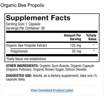Organic Bee Propolis supplement facts label