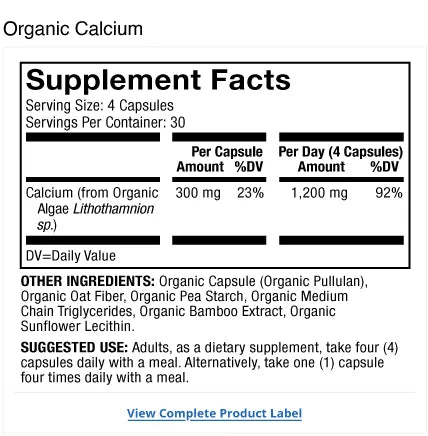 Organic Calcium supplement facts label