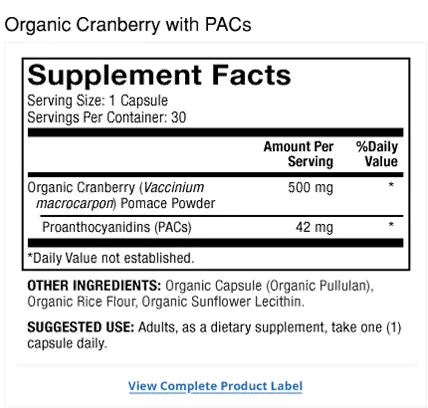 Organic Cranberry with PACs supplement facts label