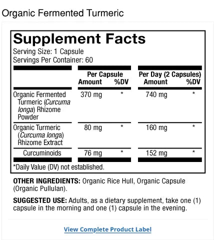 Organic Fermented Turmeric 30-Day supplement facts label