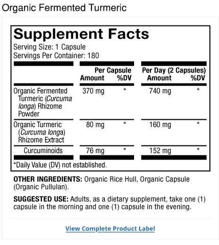 Organic Fermented Turmeric supplement facts label