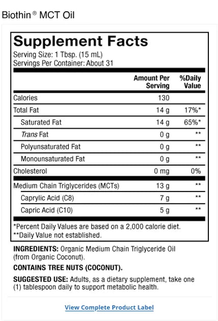 Biothin Organic MCT Oil supplement facts label