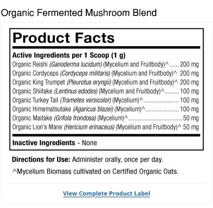 Bark & Whiskers® Organic Fermented Mushroom Blend supplement facts label