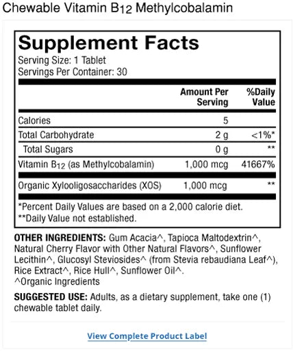 Organic Chewable Vitamin B12 supplement facts label