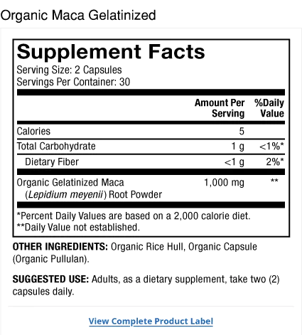 Organic Maca supplement facts label