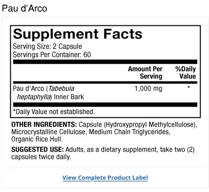 Pau d'Arco supplement facts label