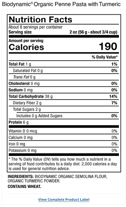 Solspring® Penne Pasta with Turmeric, Biodynamic® Organic supplement facts label