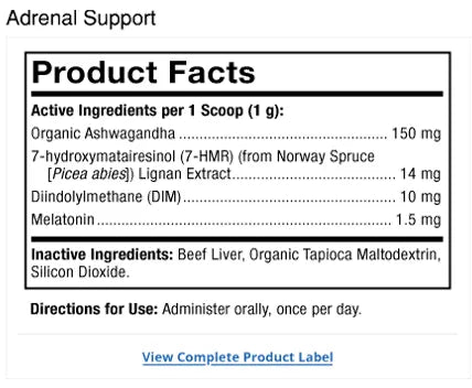Bark & Whiskers® Adrenal Support supplement facts label