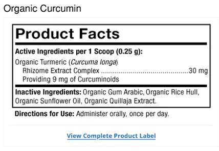 Bark & Whiskers® Organic Curcumin supplement facts label