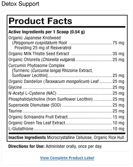 Bark & Whiskers® Detox Support supplement facts label