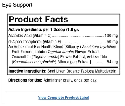 Bark & Whiskers® Eye Support supplement facts label