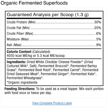 Bark & Whiskers® Organic Fermented Superfoods supplement facts label