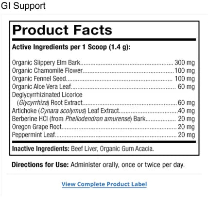 Bark & Whiskers® GI Support supplement facts label