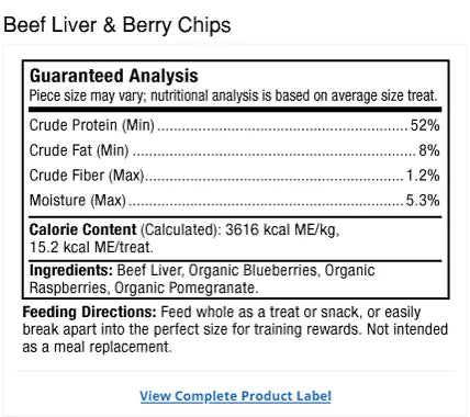 Bark & Whiskers® Beef Liver & Berry Chips supplement facts label