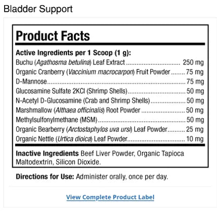 Bark & Whiskers® Bladder Support supplement facts label