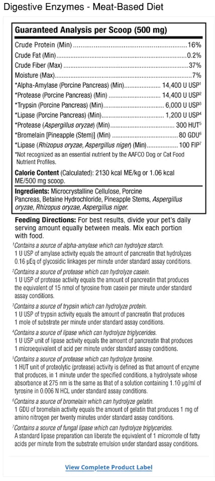 Bark & Whiskers® Digestive Enzymes - Meat-Based Diet supplement facts label