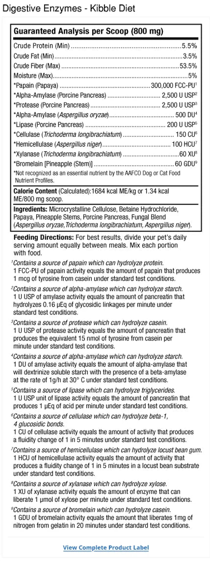 Bark & Whiskers® Digestive Enzymes - Kibble Diet supplement facts label