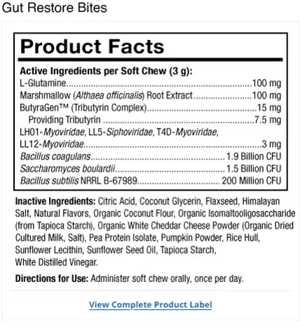 Bark & Whiskers® Gut Restore Bites supplement facts label