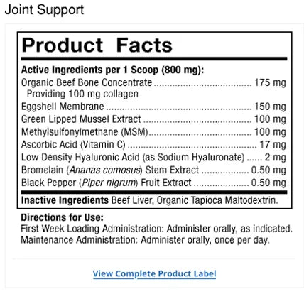 Bark & Whiskers® Joint Support supplement facts label