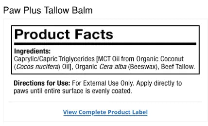 Bark & Whiskers® Paw Plus Tallow Balm supplement facts label