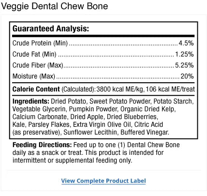 Bark & Whiskers® Veggie Dental Chew Bones supplement facts label