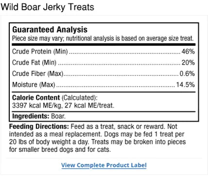 Bark & Whiskers® Jerky Treats - Wild Boar supplement facts label