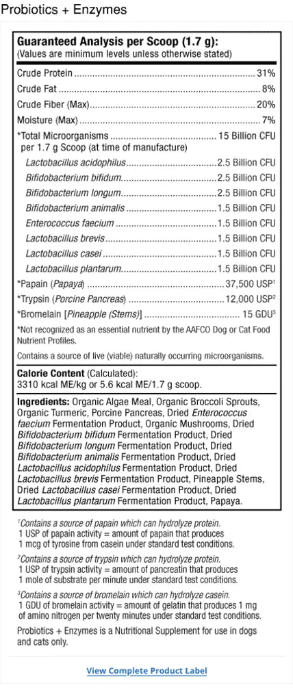 Bark & Whiskers® Probiotics + Enzymes supplement facts label