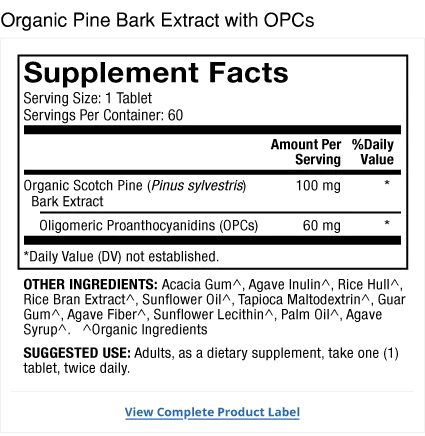 Organic Pine Bark Extract with OPCs supplement facts label