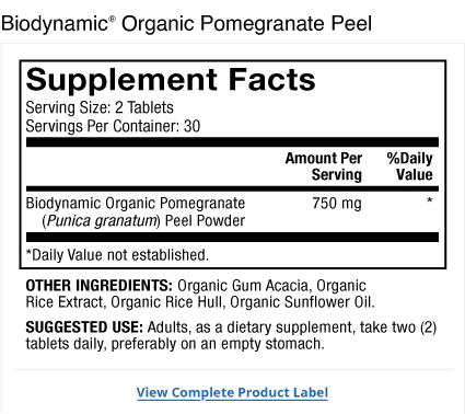 Biodynamic Organic Pomegranate Peel supplement facts label