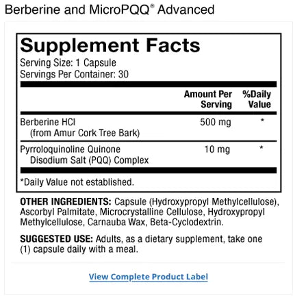 Berberine and MicroPQQ Advanced 30ct supplement facts label