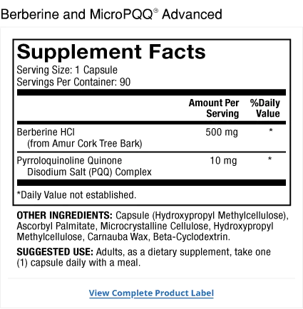 Berberine and MicroPQQ Advanced 90ct supplement facts label