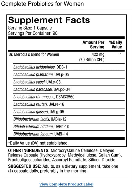 Complete Probiotics for Women 90-Day supplement facts label