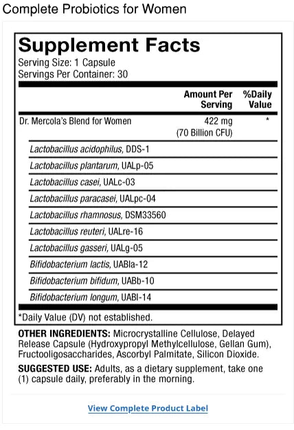 Complete Probiotics for Women supplement facts label